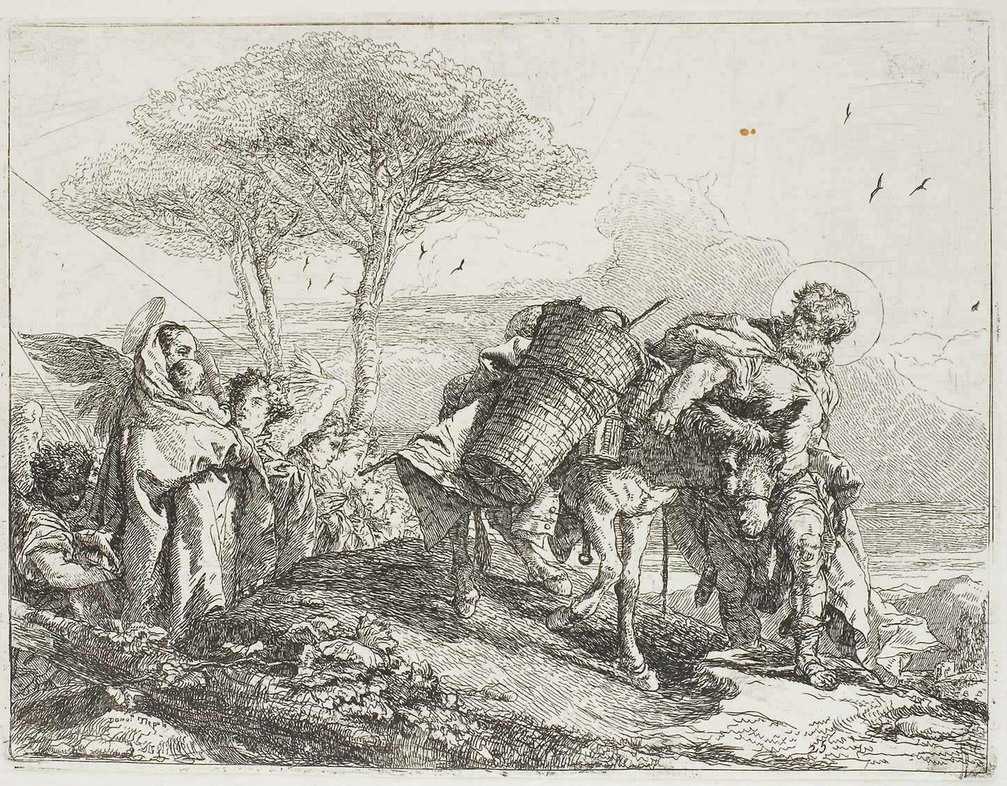 Mary, Helped -  Two Angels, Follows Joseph with the Donkey, plate 25 from The Flight into Egypt -  Giovanni Domenico Tiepolo,  Poster Print Wall Art