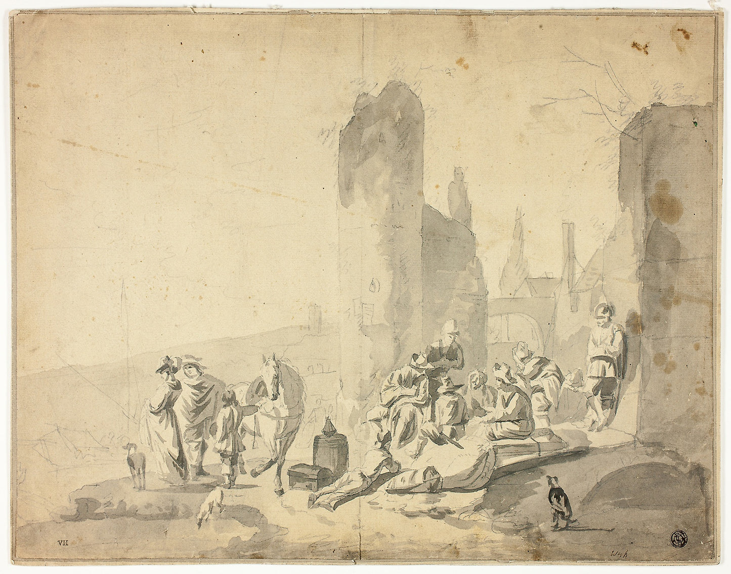 Harborside Scene with Various Figures -  Hendrik Verschuring (Dutch, 1627-1690),  Poster Print Wall Art