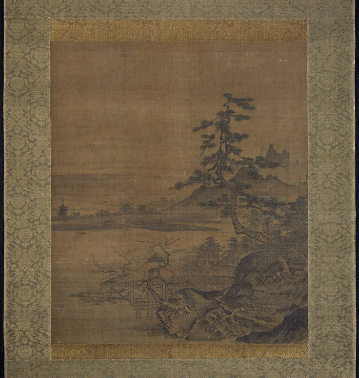 Spring View from a Thatched Pavilion on the Lakeshore: Attributed to Sesshu,16x12