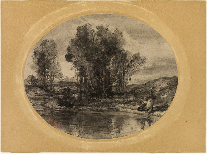 Figures: a Pond: Henri Joseph Constant Dutilleux,16x12