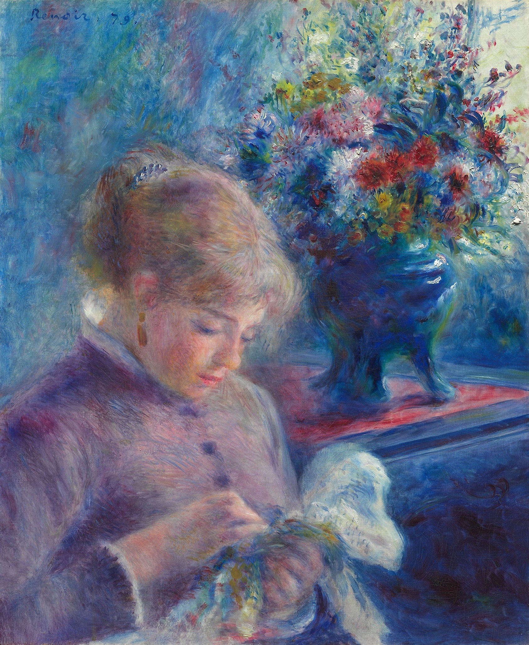 Young Woman Sewing: Pierre-Auguste Renoir,16x12"(A3) Poster