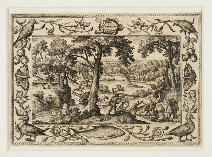 Boar Hunt, from Landscapes with Old and New Testament Scenes and Hunting Scenes: Adriaen Collaert (Flemish, c. 1560–1618) ,16x12