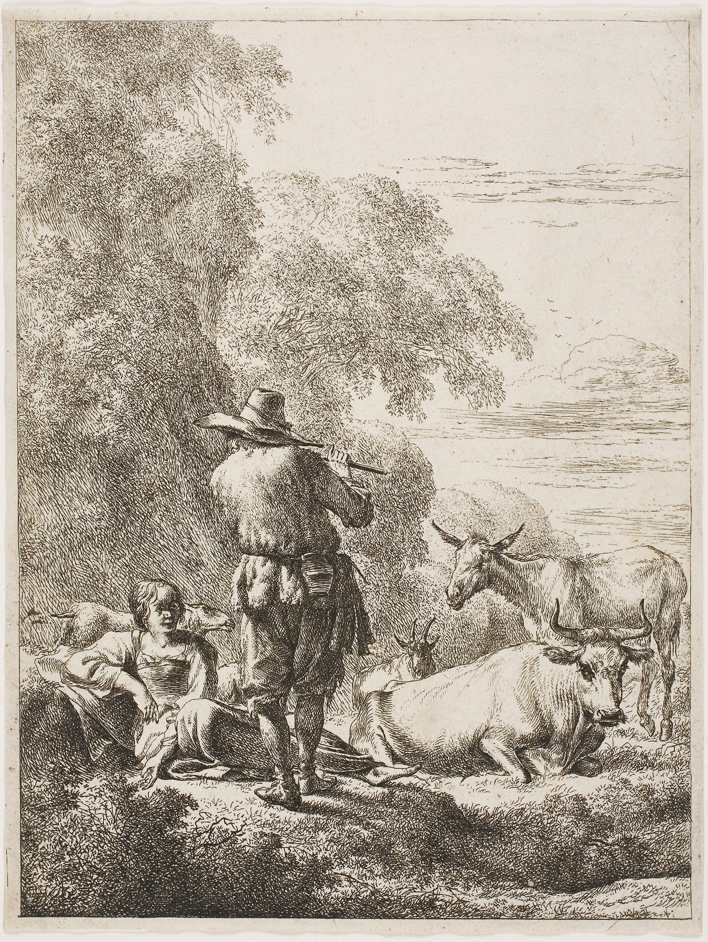 Shepherd Playing a Flute -  Nicolaes Berchem, the Elder,  Poster Print Wall Art