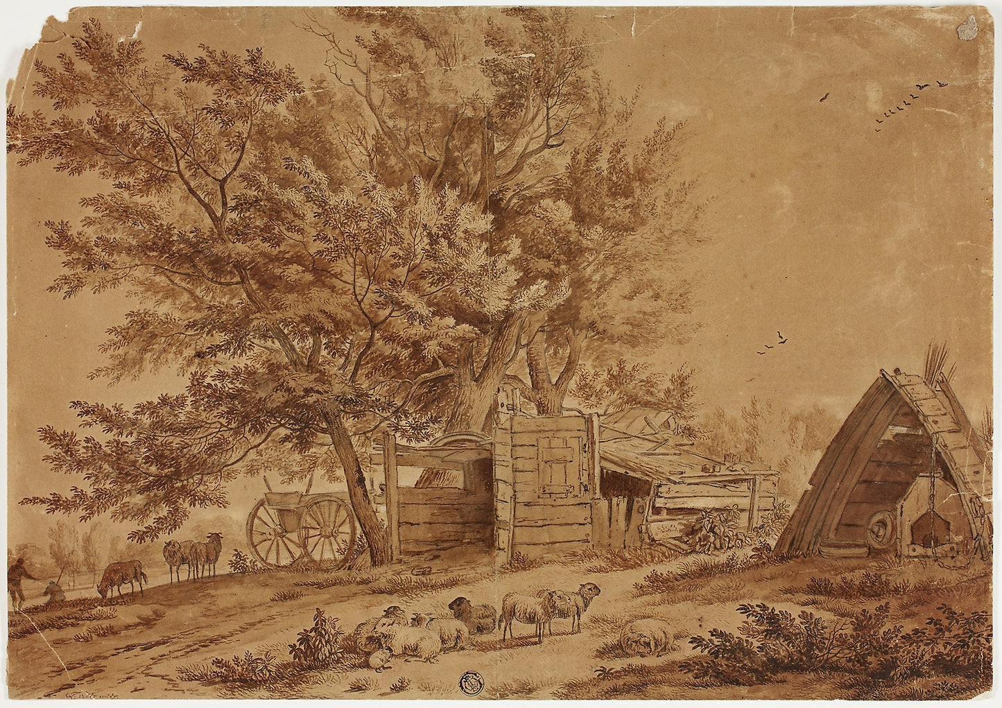 Rustic Scene with Sheep, Sheds, and Spreading Trees -  Jan van der Meer, the Younger,  Poster Print Wall Art