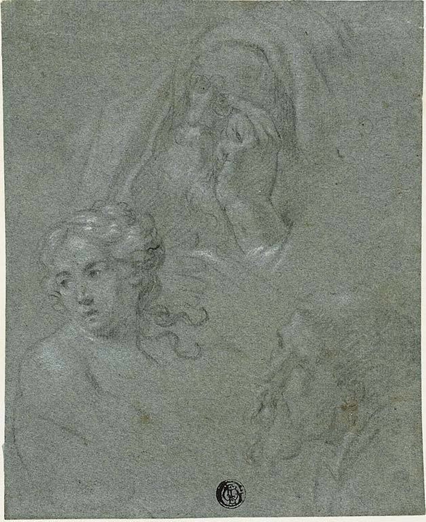 Sheet of Sketches with Three Heads -  Attributed to Ferdinand Elle,  Poster Print Wall Art