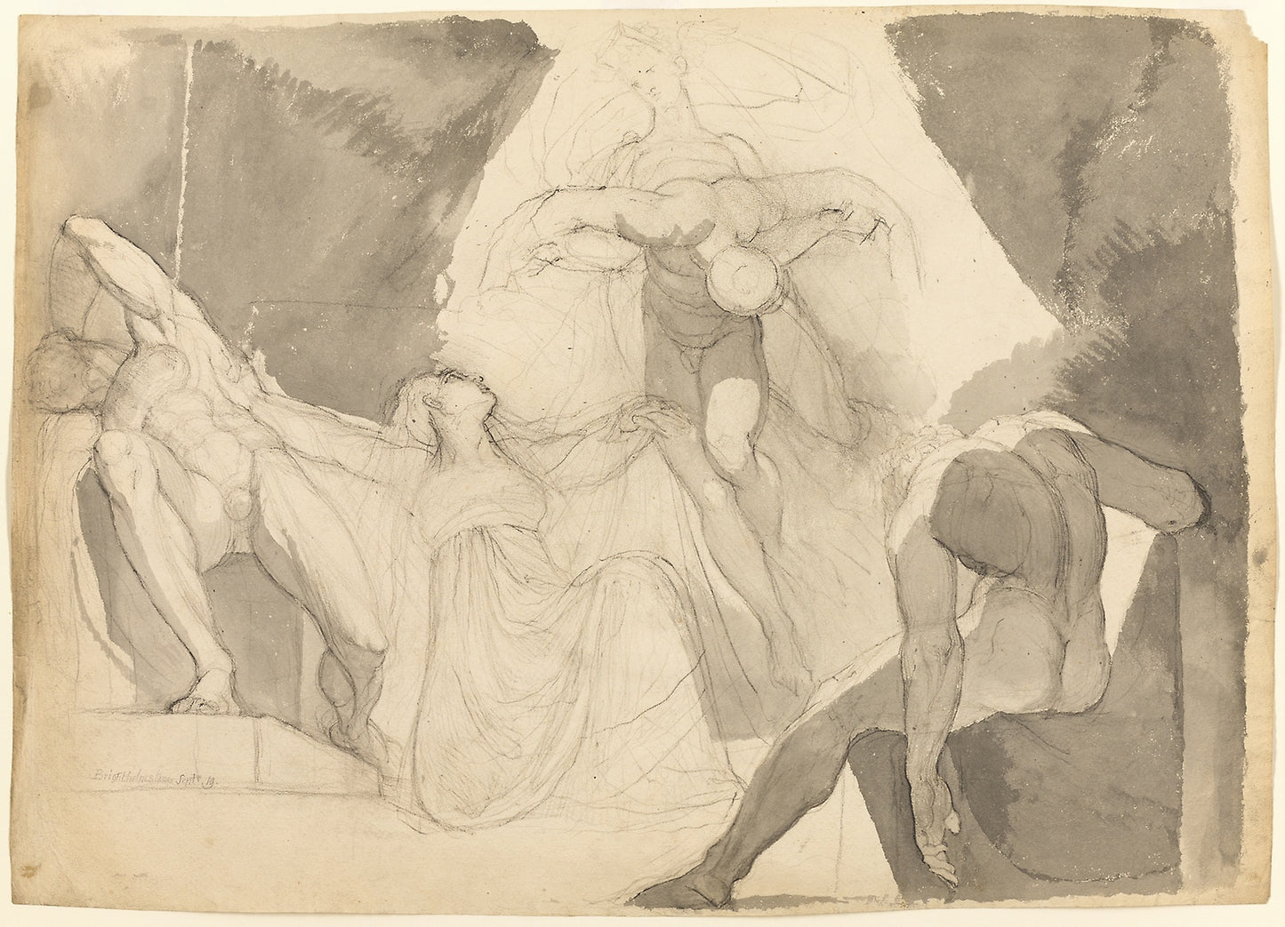 Aided -  Eeriboia, Hermes Carries Off the Exhausted Ares from the Sleeping Sons of Aloeus (recto); Sketch of One of the Sleeping Sons of Aloeus (verso) -  Henry Fuseli,  Poster Print Wall Art