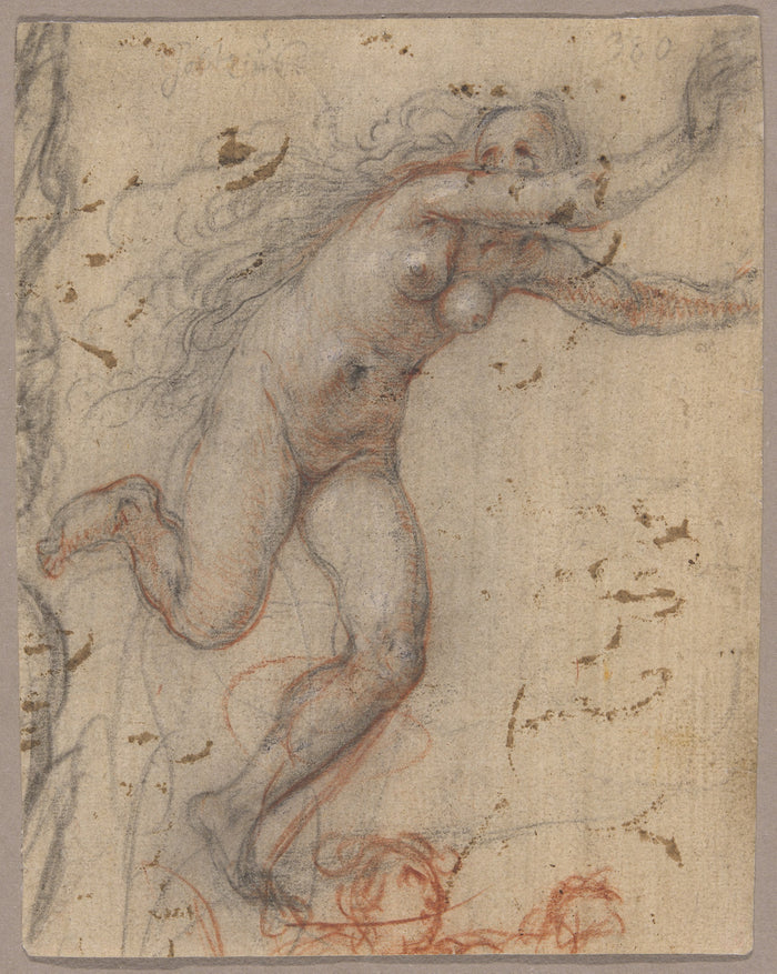 A Nude Female Figure Fleeing to the Right with Arms Outstretched (recto); A Sketch of a Nude, Kneeling Female Figure, Supported: Another Standing (verso): Hendrick Goltzius,16x12