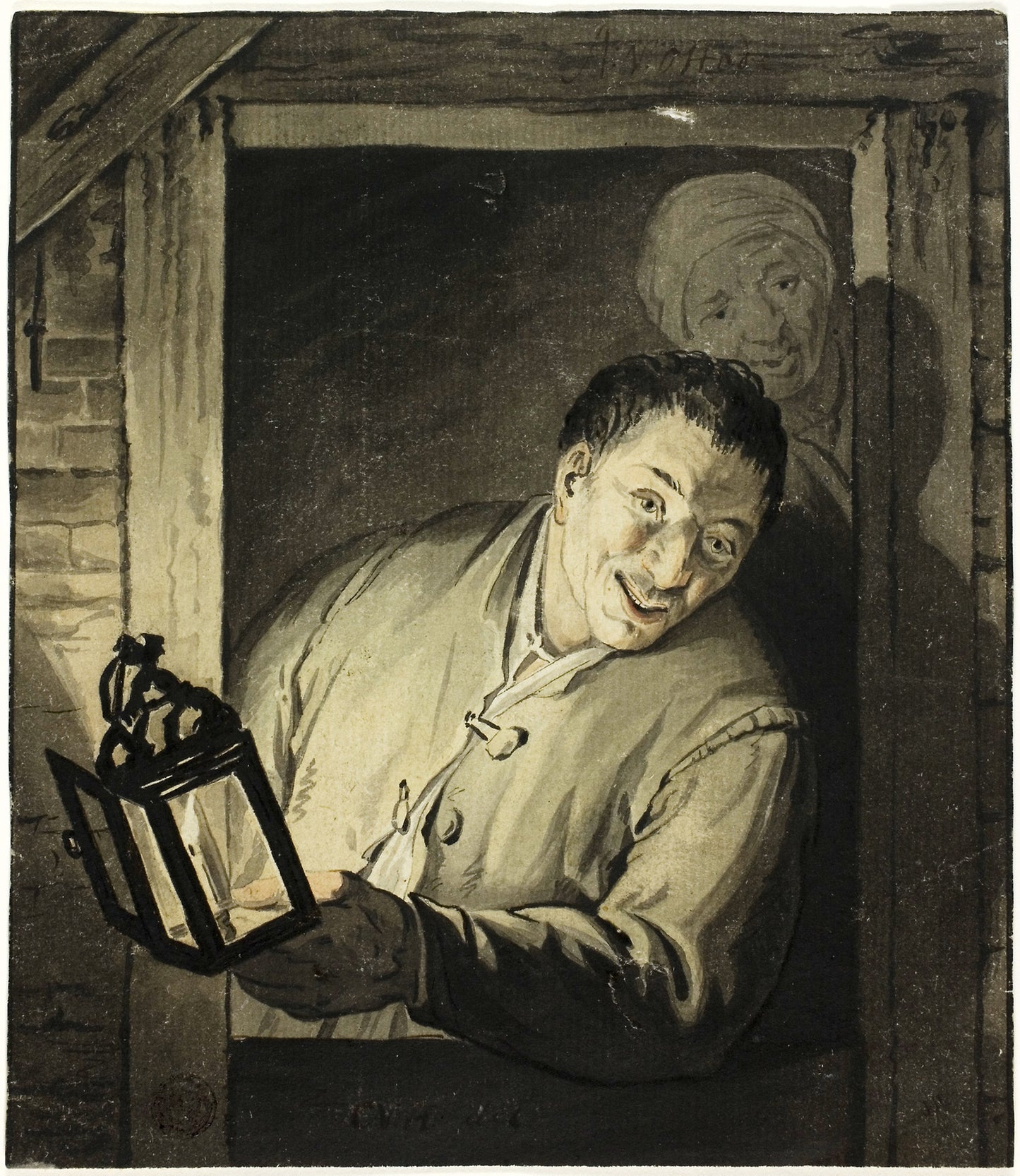 Man with Lantern in Doorway: After Adriaen van Ostade, Poster Print Wall Art