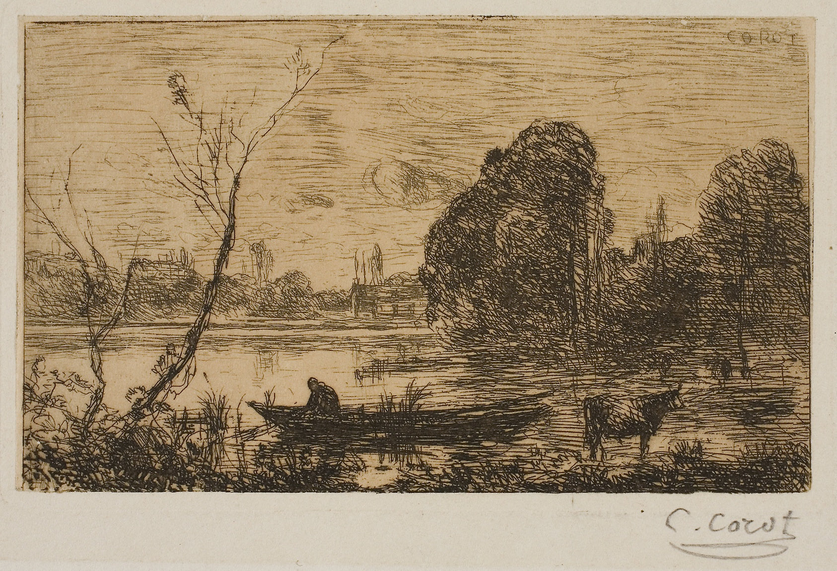 Ville d'Avray: Pond with Boatman, Evening: Jean-Baptiste-Camille Corot,16x12"(A3) Poster