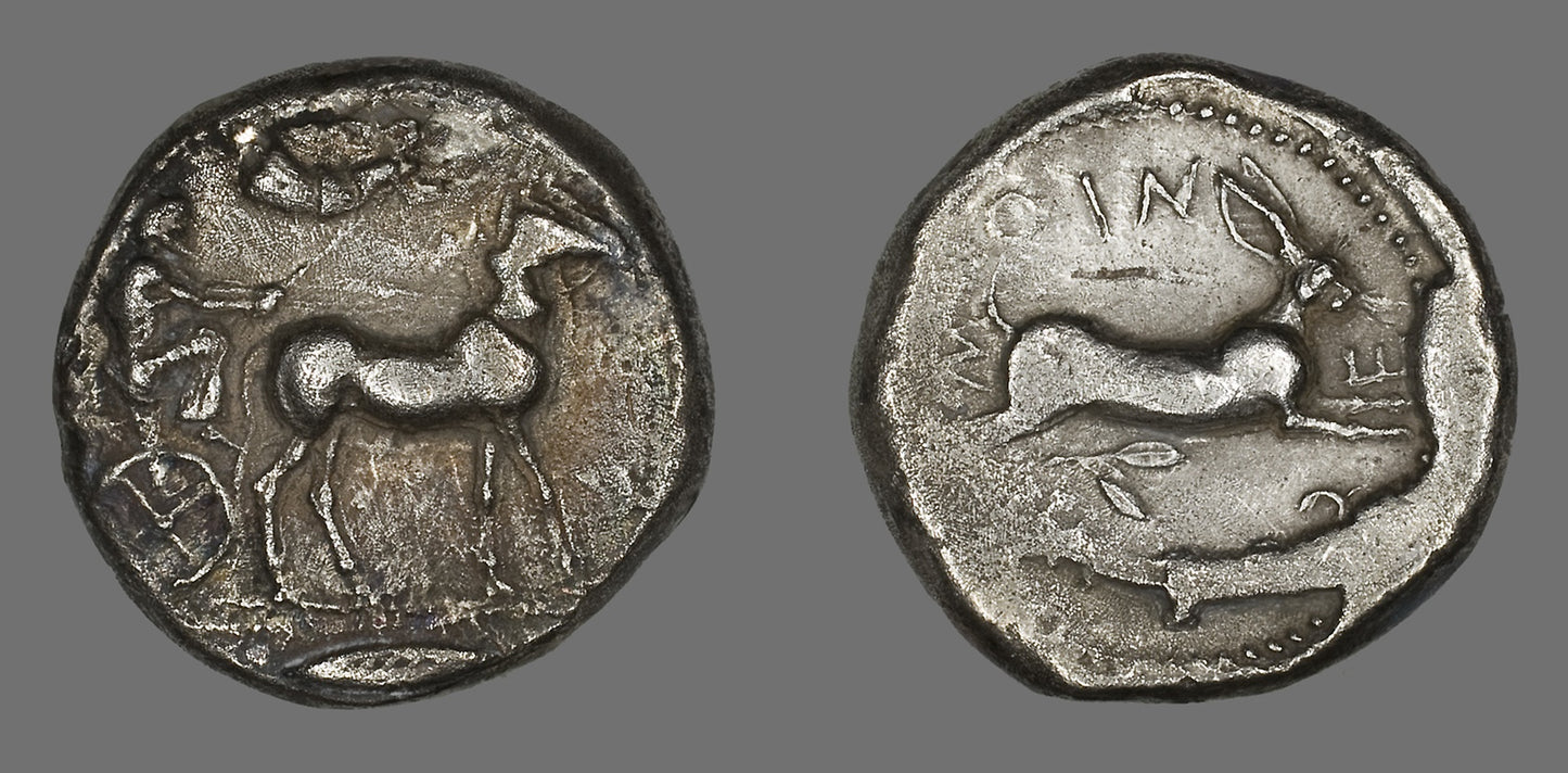 Tetradrachm (Coin) Portraying Biga with Mules -  Greek, minted in Sicily, Messana,  Poster Print Wall Art