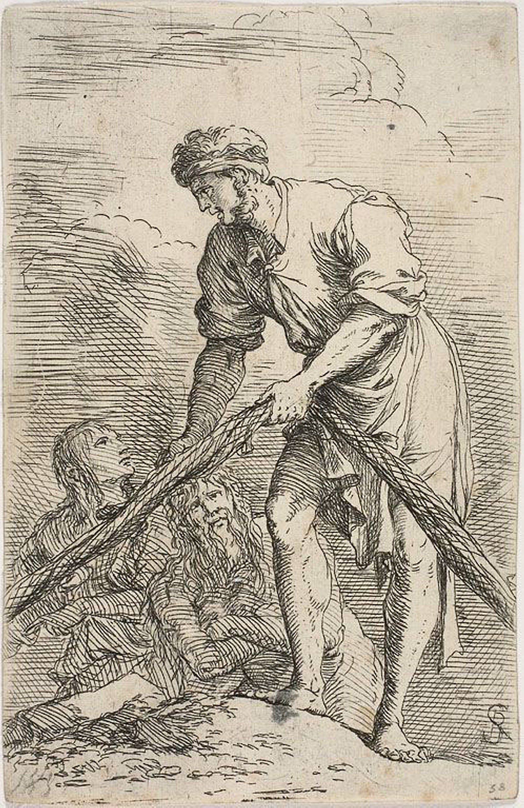 A men pulling a net, with two figures behind him, from Figurine series: Salvator Rosa,16x12"(A3) Poster