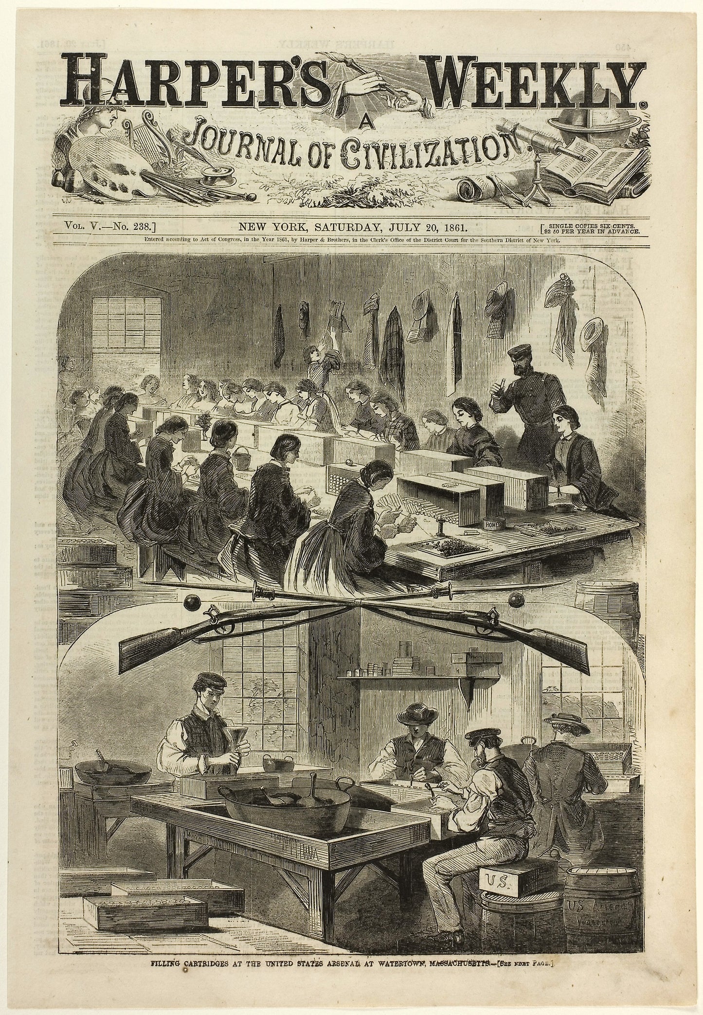 Filling Cartridges at the United States Arsenal, at Watertown, Massachusetts -  Winslow Homer (American, 1836-1910),  Poster Print Wall Art