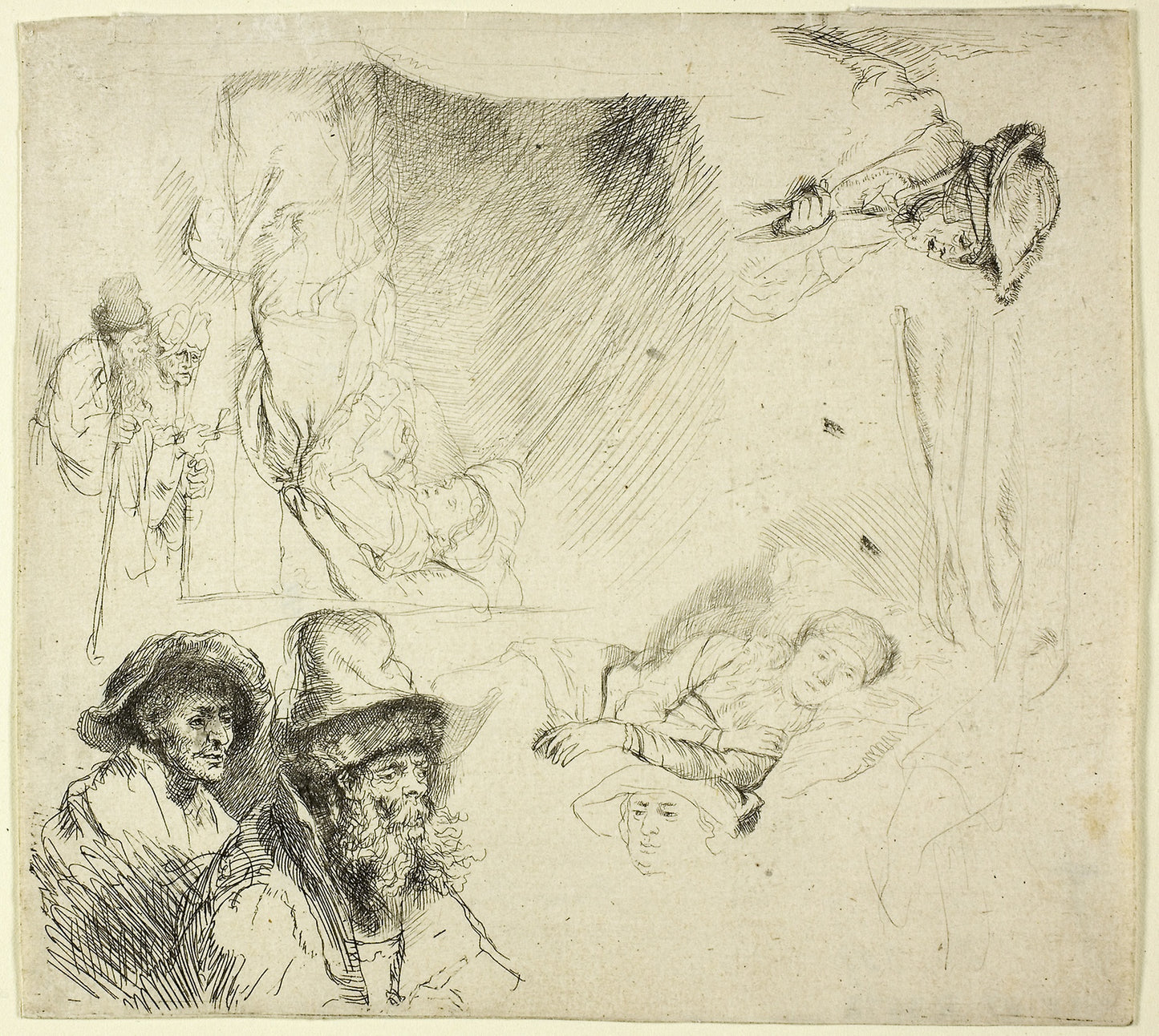 Sheet of Studies, with a Woman Lying Ill in Bed -  Rembrandt van Rijn,  Poster Print Wall Art