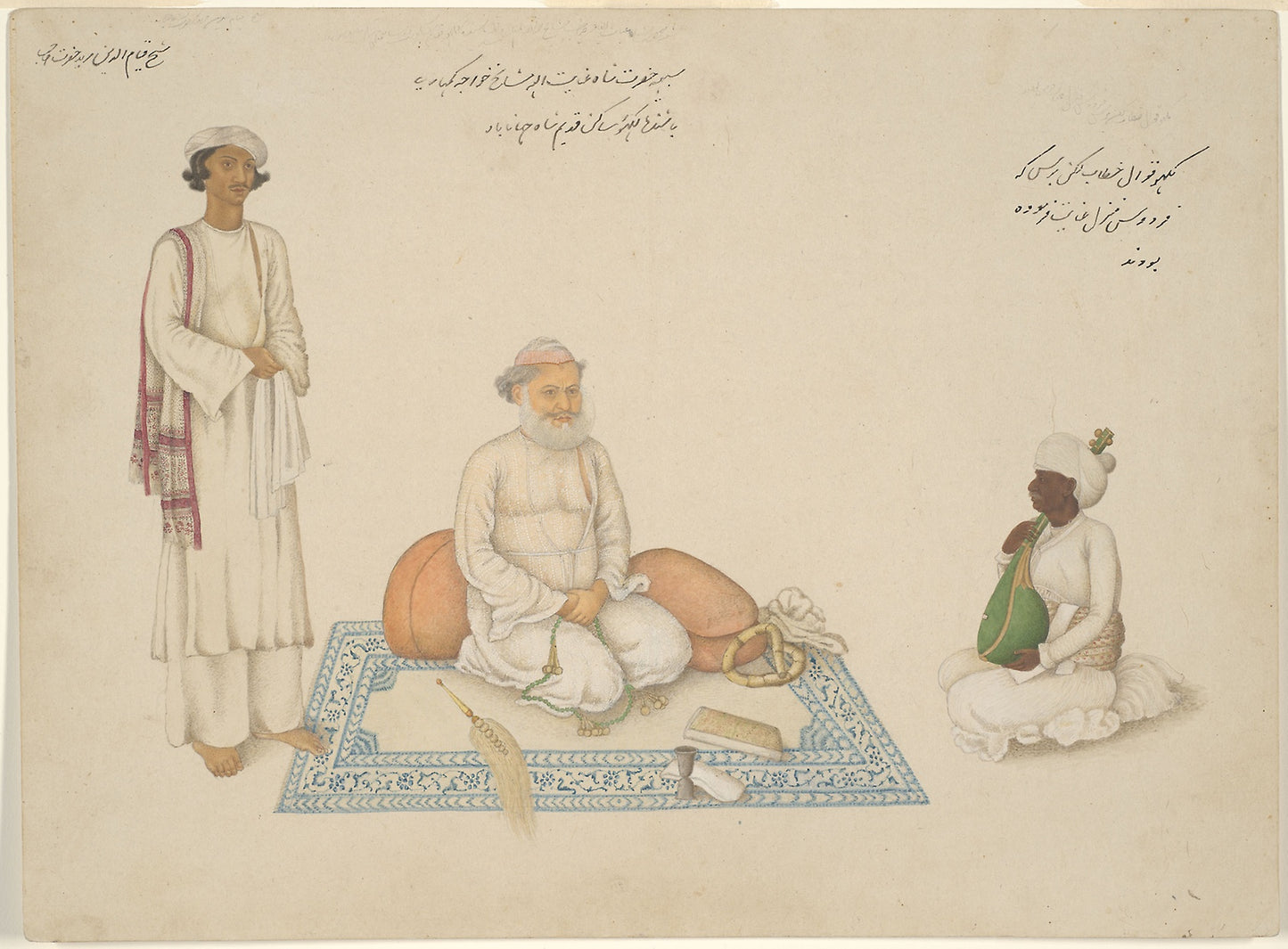 Shah Inayat Allah of Sind with his Musician Makkhu and his Attendant Shaykh Qiyam al-Din, page from the Fraser Album -  India, Delhi,  Poster Print Wall Art
