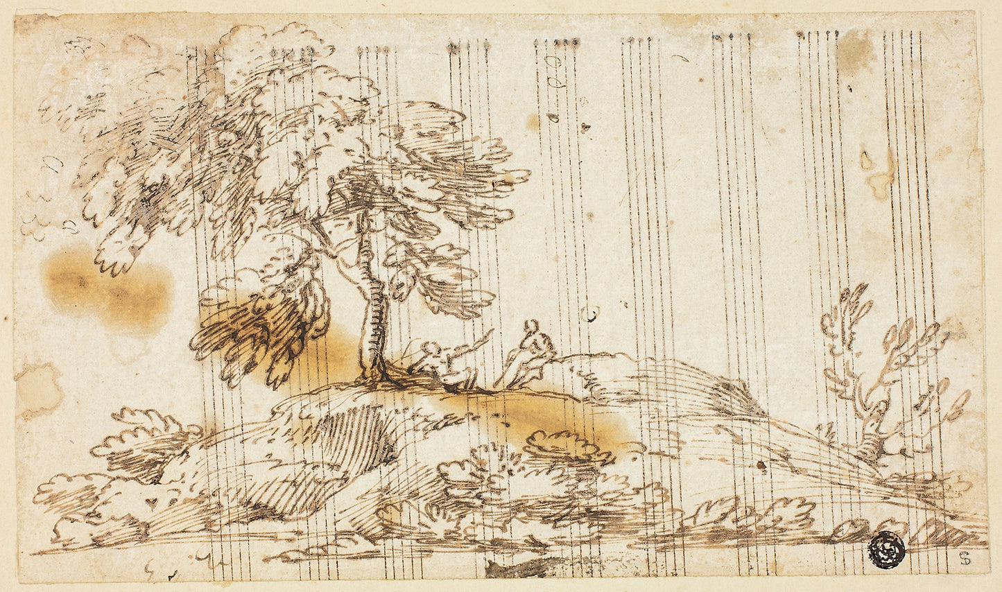 Two Men Seated under Tree on Hillside -  Circle of Giovanni Francesco Grimaldi,  Poster Print Wall Art