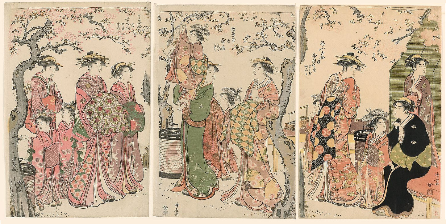 Courtesans and Their Child Attendants under Blossoming Cherry Trees -  Torii Kiyonaga,  Poster Print Wall Art