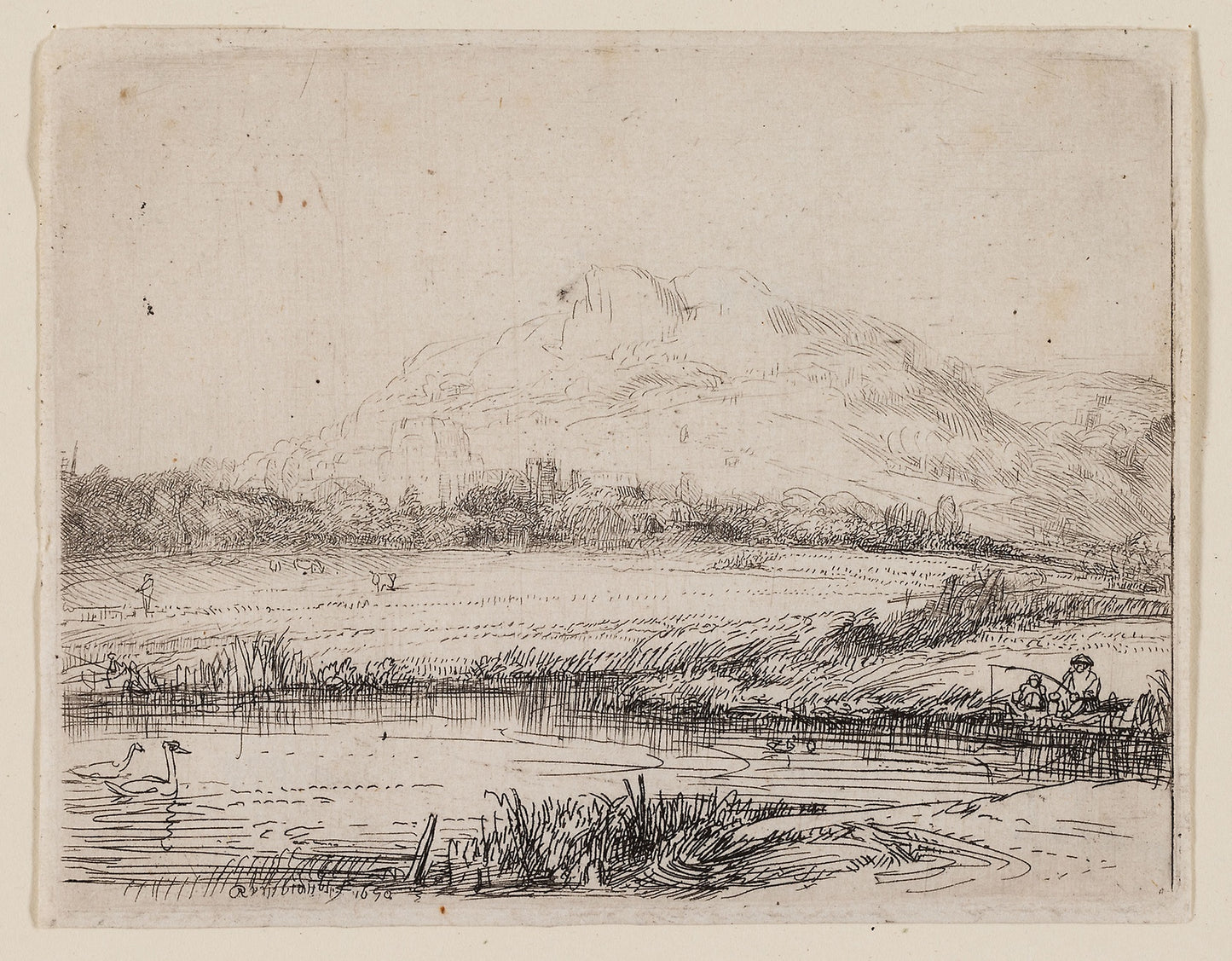 Canal with an Angler and Two Swans -  Rembrandt van Rijn,  Poster Print Wall Art