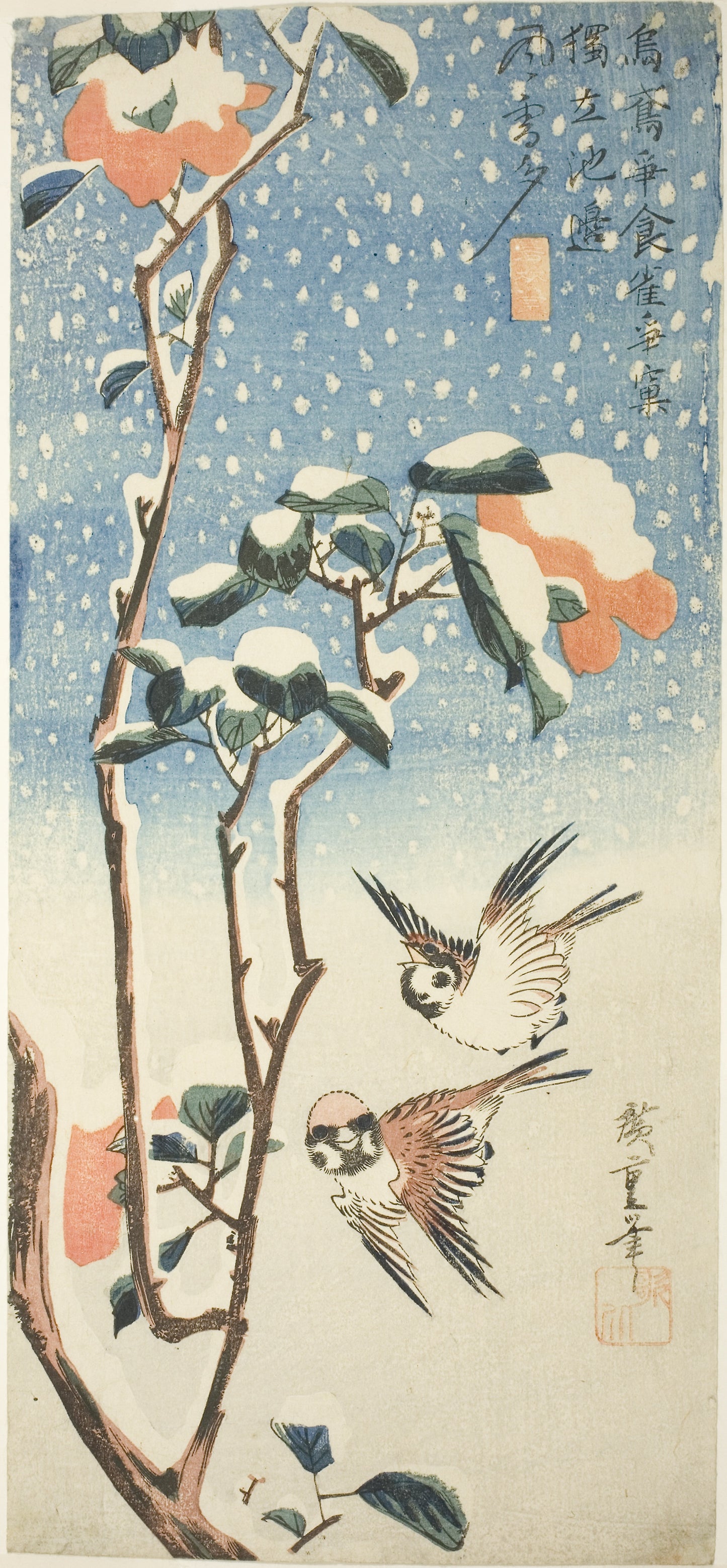 Sparrows and Camellia in Snow -  Utagawa Hiroshige ?? ??,  Poster Print Wall Art