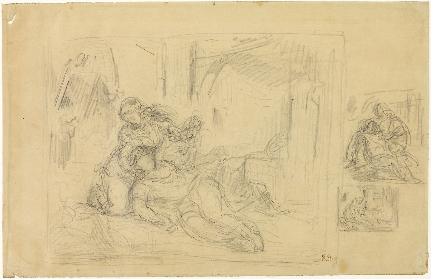 Woman Dying(?), Man in Bedroom, Two Sketches of Same -  Eugène Delacroix,  Poster Print Wall Art