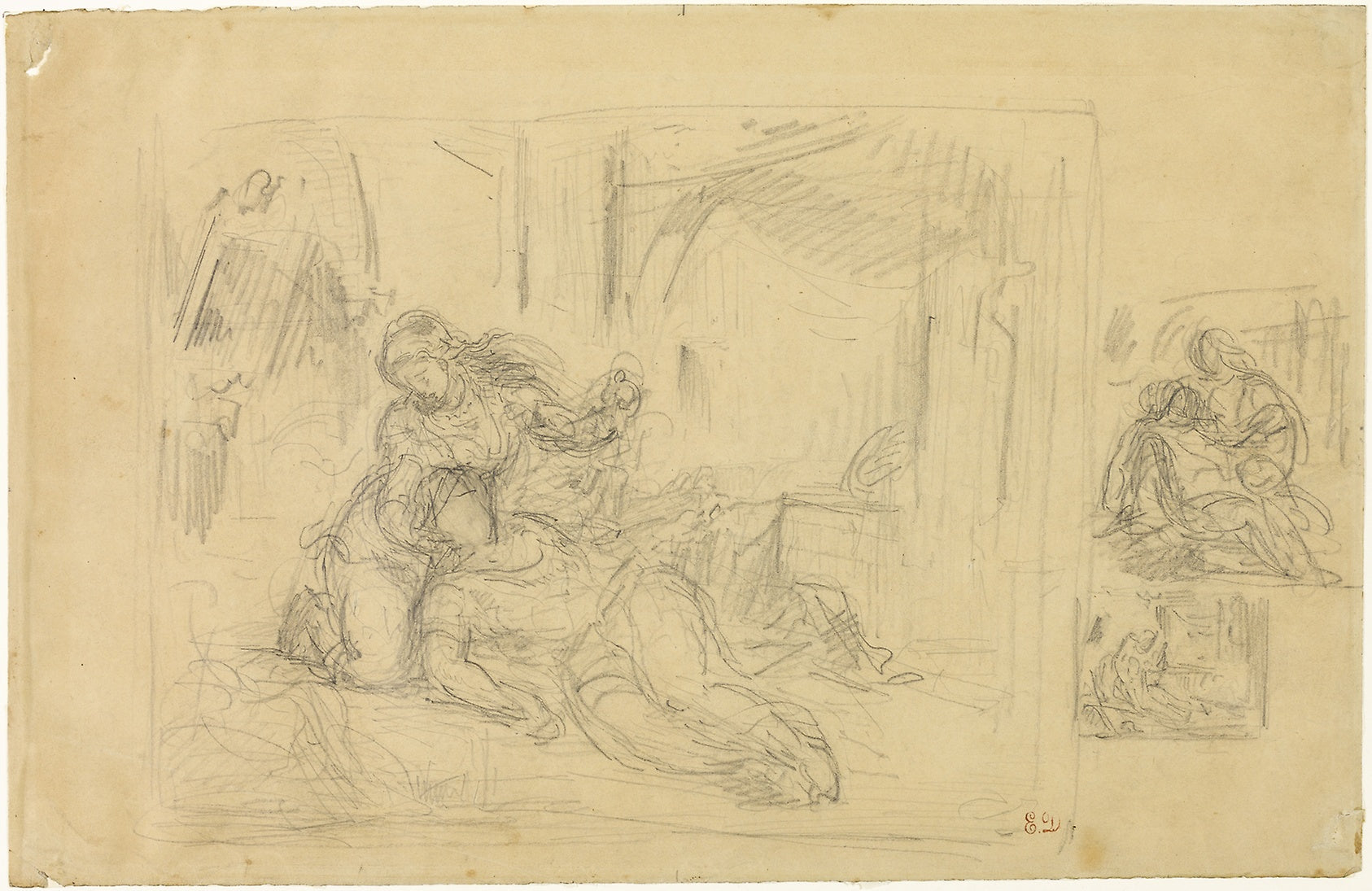 Woman Dying(?), Man in Bedroom, Two Sketches of Same: Eugène Delacroix,16x12"(A3) Poster