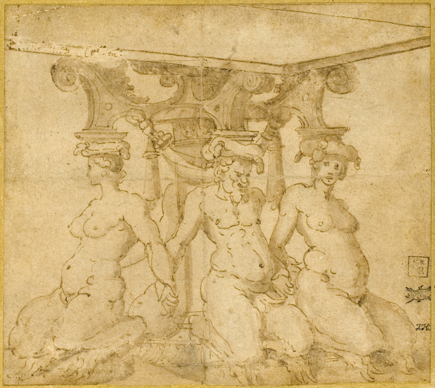 Design for an Ornamental Base with Kneeling Satyresses and Satyr -  Circle of Marco Marchetti, called Marco da Faenza,  Poster Print Wall Art