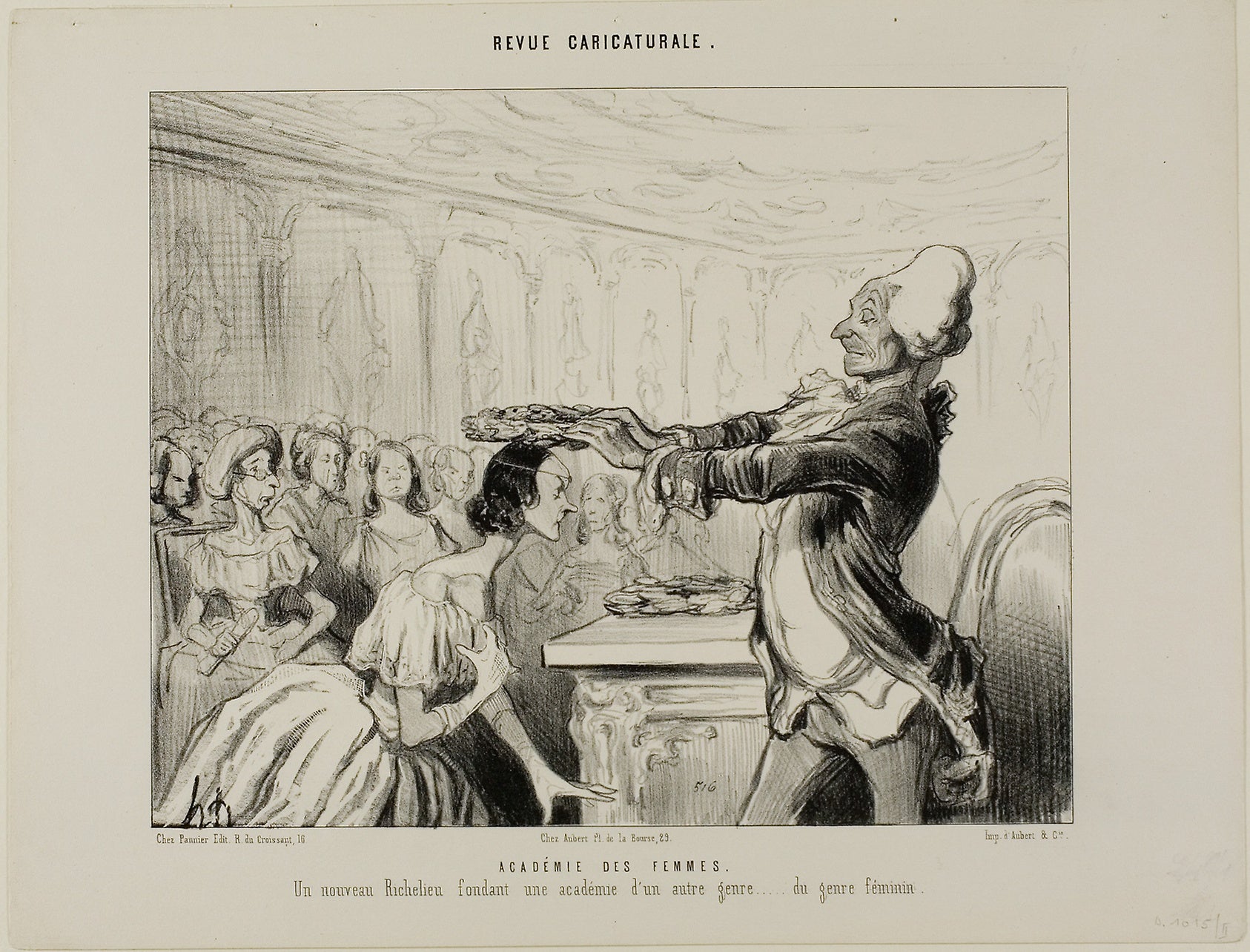 Academy of Women. A new Richelieu, founding a new Academy of a different kind.... of the feminine gender, plate 33 from Revue Caricatureale: Honoré Victorin Daumier,16x12"(A3) Poster