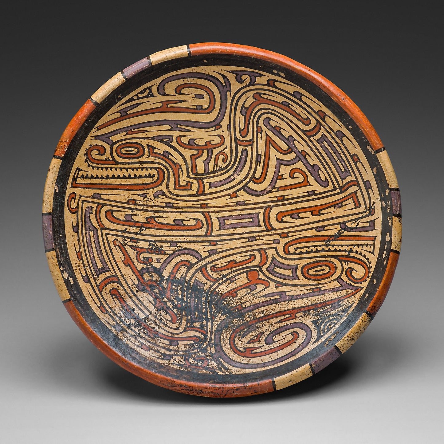 Pedestal Bowl Depicting Bicephalic Footed Serpent with Headcrest -  Coclé,  Poster Print Wall Art