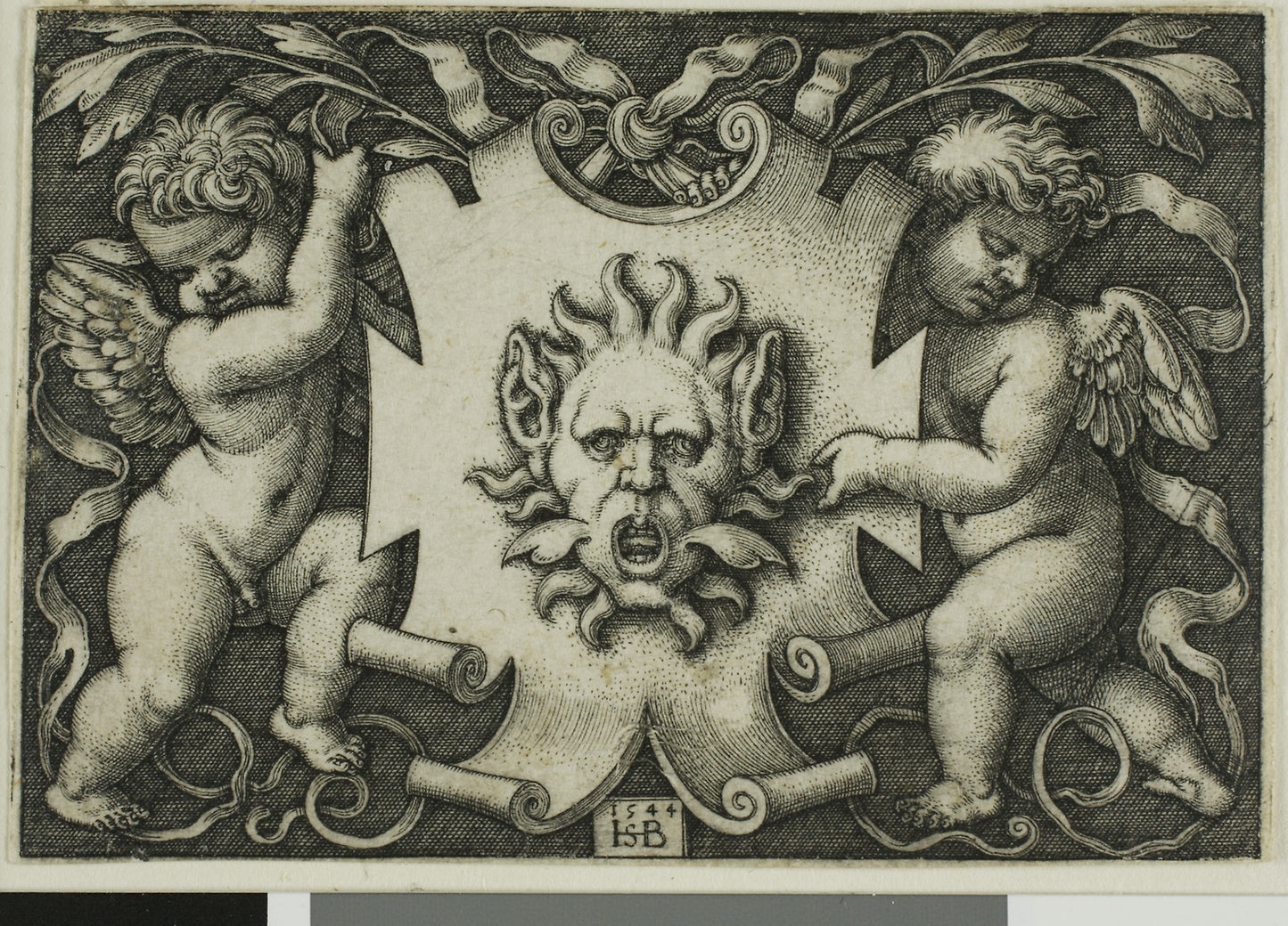 Ornament with a Mask Held -  Two Genii -  Sebald Beham,  Poster Print Wall Art