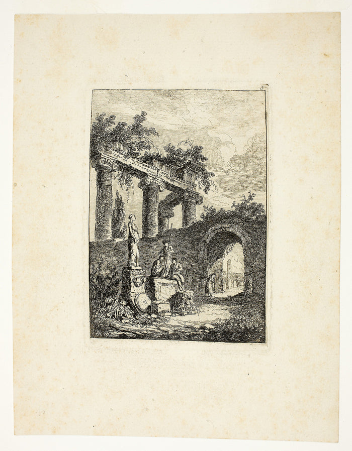 The Statue before the Ruins, plate three from Les Soirées de Rome: Hubert Robert,16x12