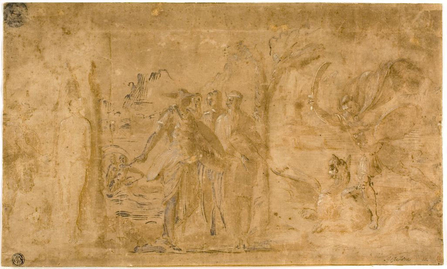 Study for Perseus Liberating Andromeda -  Pietro Buonaccorsi, called Perino del Vaga, after,  Poster Print Wall Art