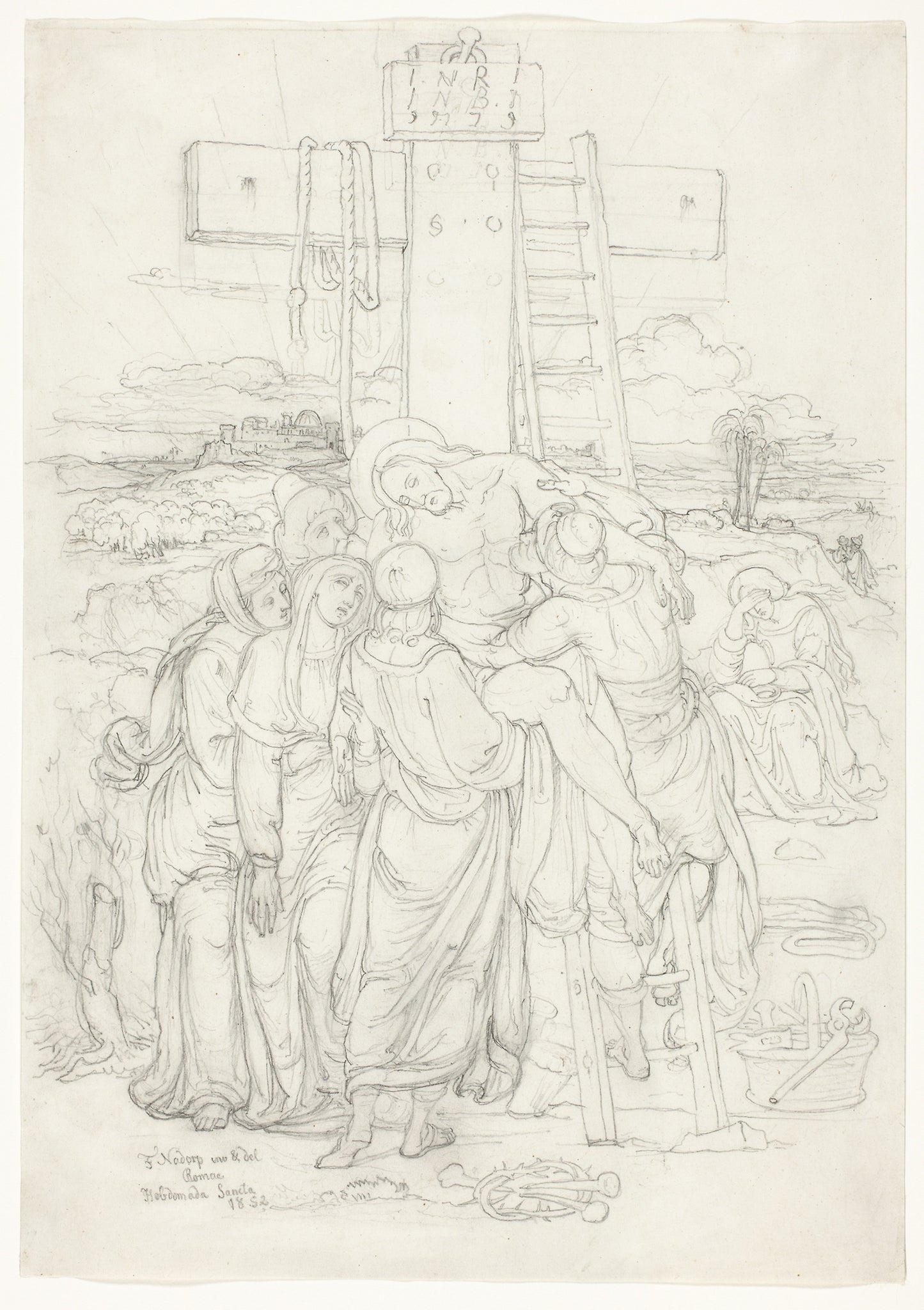 Descent from the Cross with a Silhouette of Jerusalem in the Background -  Franz Johann Heinrich Nadorp ,  Poster Print Wall Art
