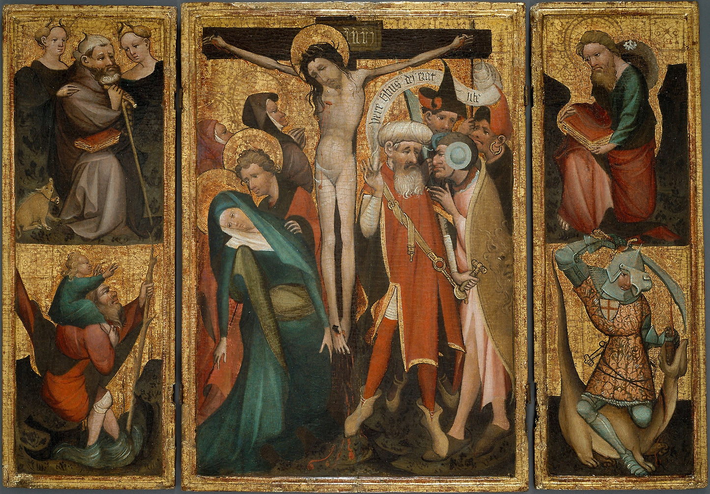 Triptych of the Crucifixion with Saints Anthony, Christopher, James and George -  Netherlandish or German (Rhenish?),  Poster Print Wall Art