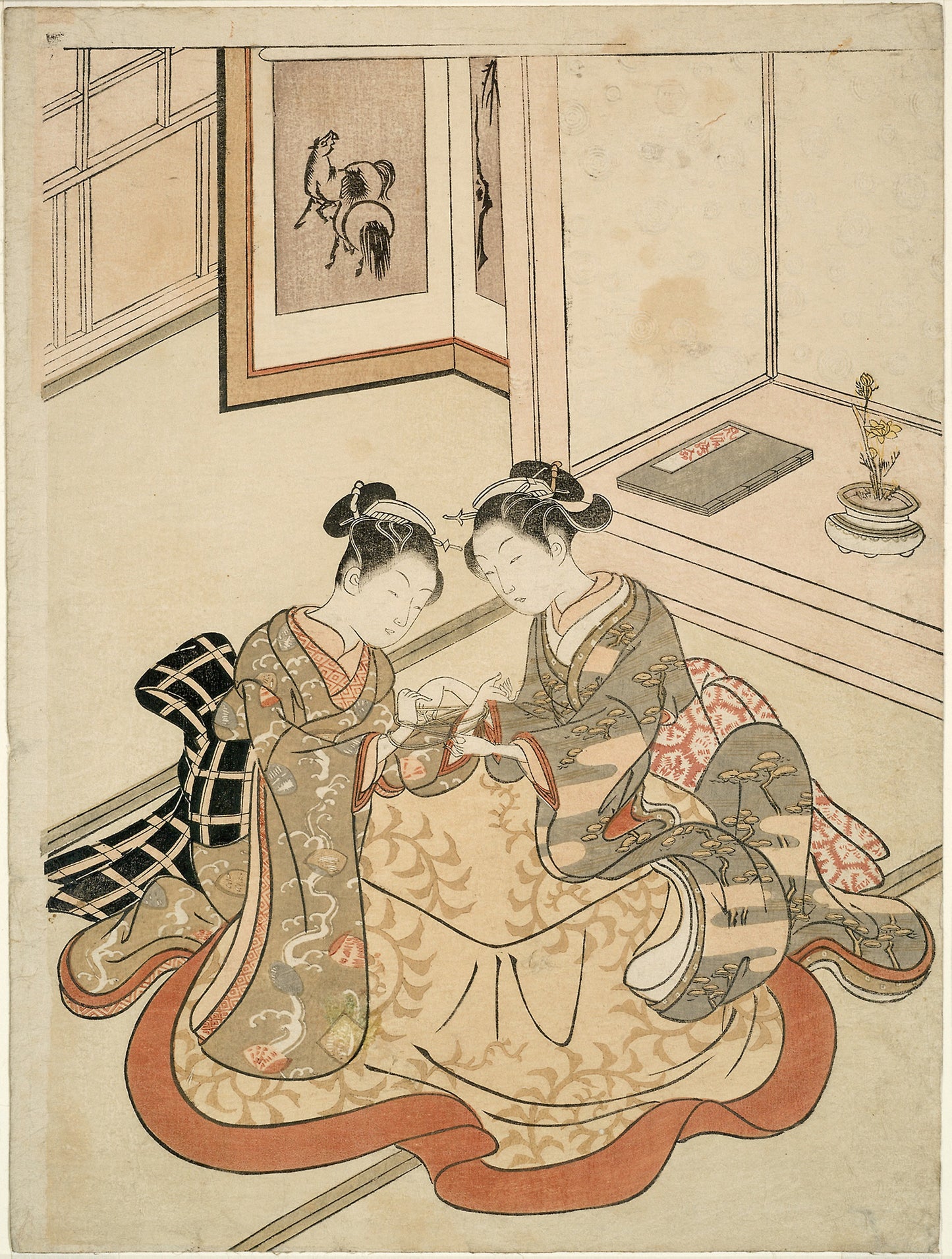 Young Women Playing Cat's Cradle -  Attributed to Suzuki Harunobu ?? ??,  Poster Print Wall Art