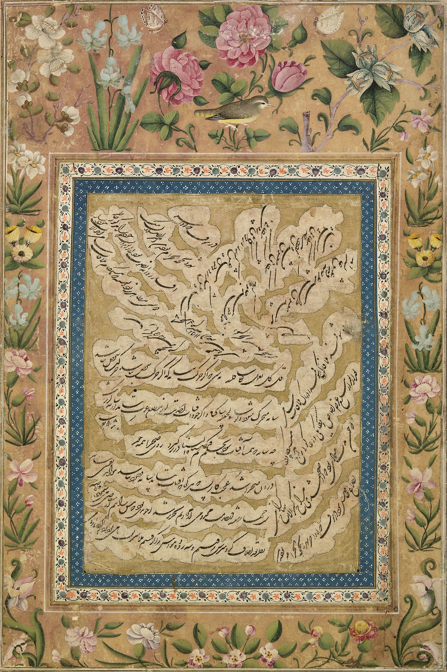 Page of Shikasta Nasta'liq Calligraphy with Floral Margins: Iran, Poster Print Wall Art