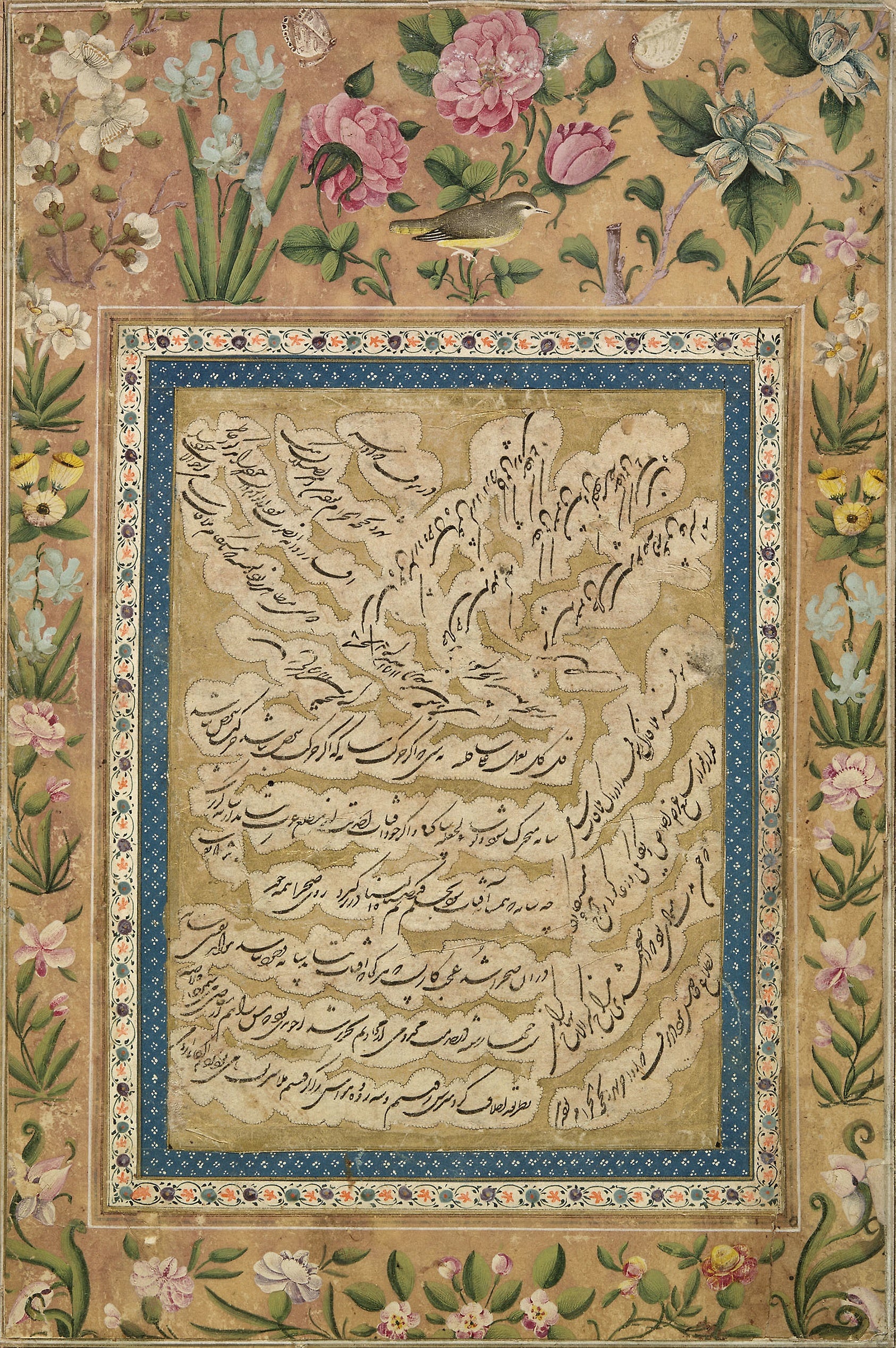 Page of Shikasta Nasta'liq Calligraphy with Floral Margins: Iran,16x12"(A3) Poster