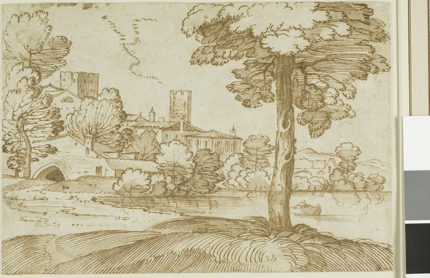 Landscape with a Large Tree on the Right and a Distant View of a Town on the Left -  Giovanni Francesco Grimaldi, called Il Bolognese,  Poster Print Wall Art