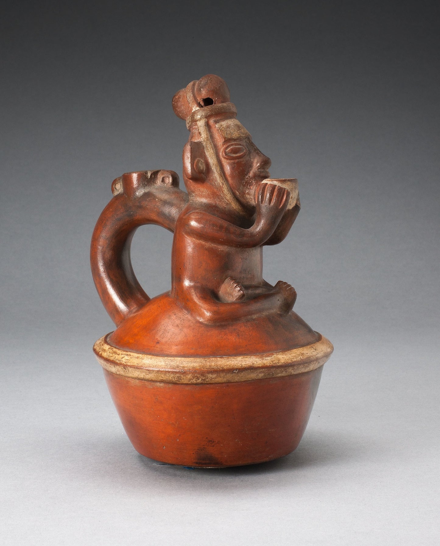 Handle Spout Vessel Depicting Seated Figure Drinking from Cup -  Possibly Chimú,  Poster Print Wall Art