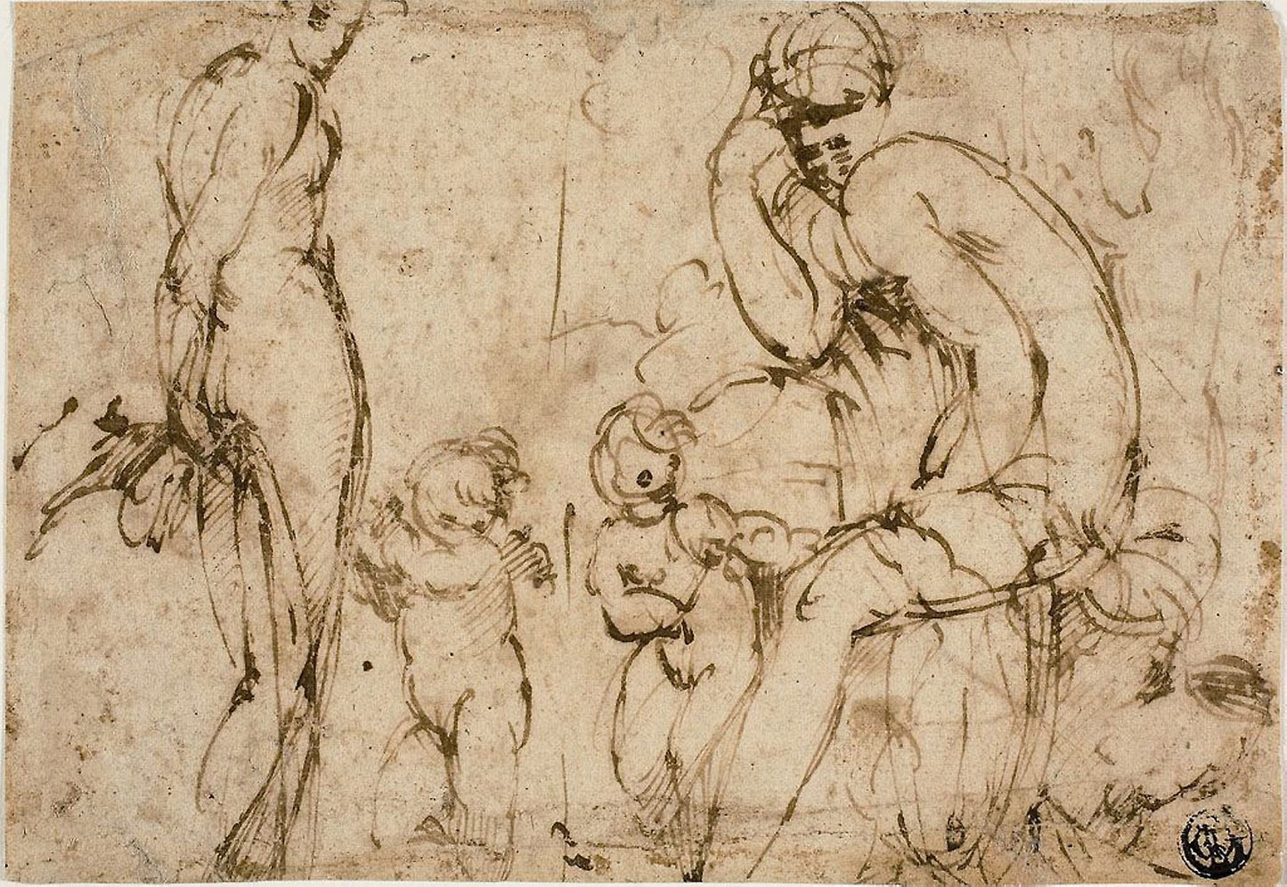 Venus and Mars with Putti (recto); Bearded Man Moving to Right (verso) -  Circle of Francesco Mazzola, called Parmigianino,  Poster Print Wall Art