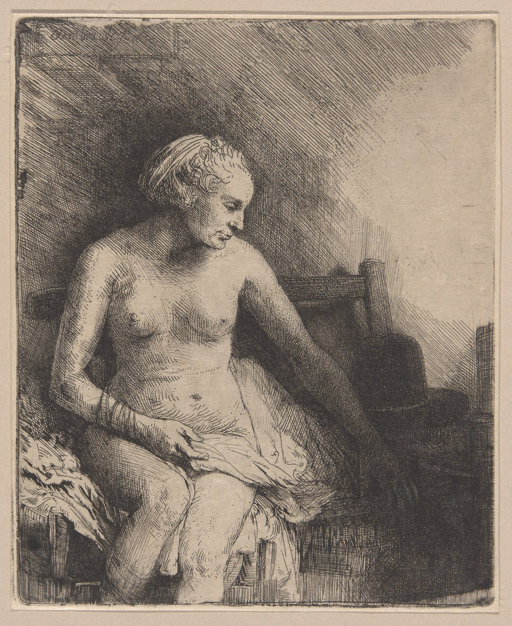 Woman at the Bath with a Hat Beside Her: Rembrandt van Rijn,16x12"(A3) Poster