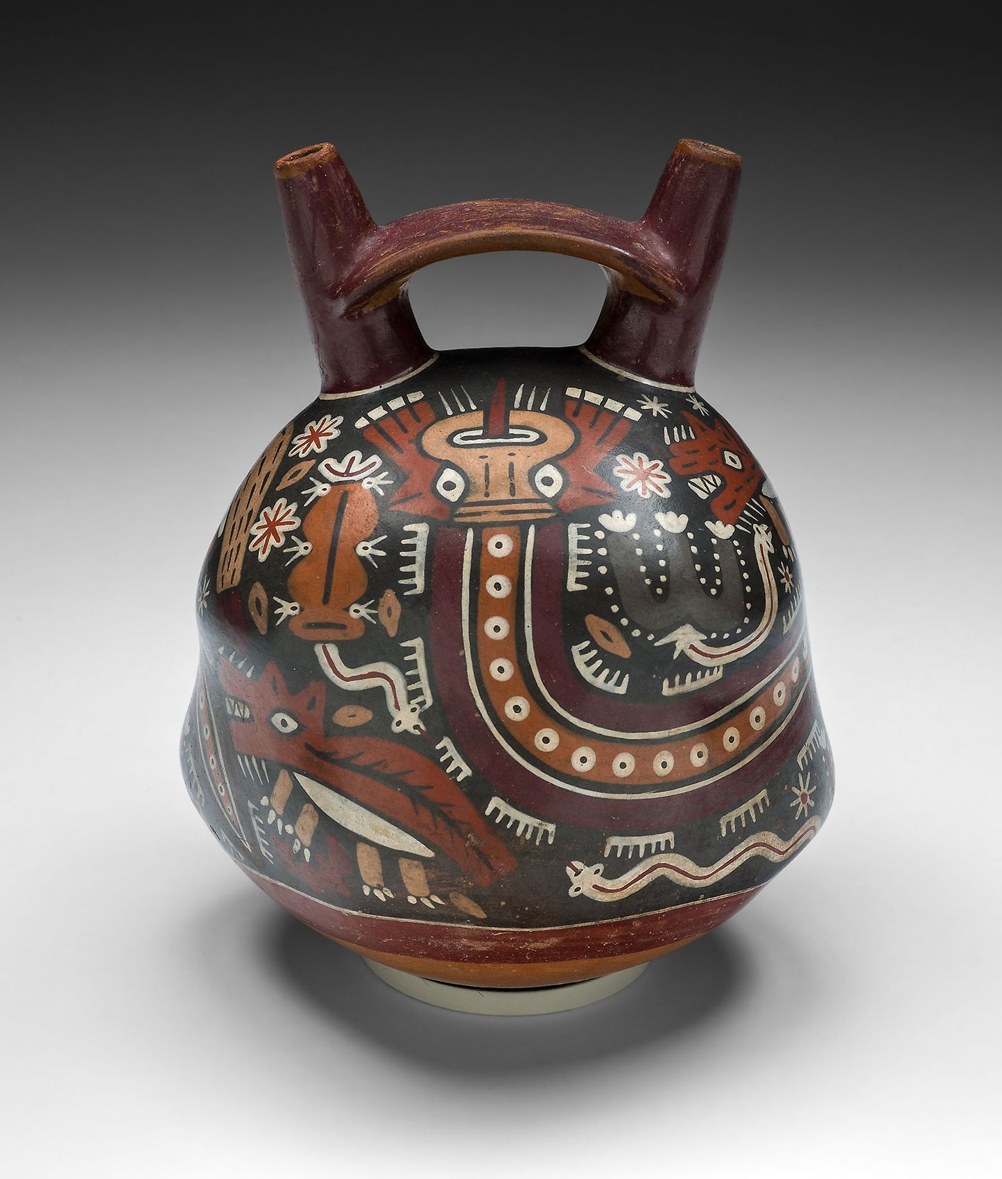 Double-Spouted Vessel Depicting a Landscape with Coyotes and Cactus -  Nazca,  Poster Print Wall Art