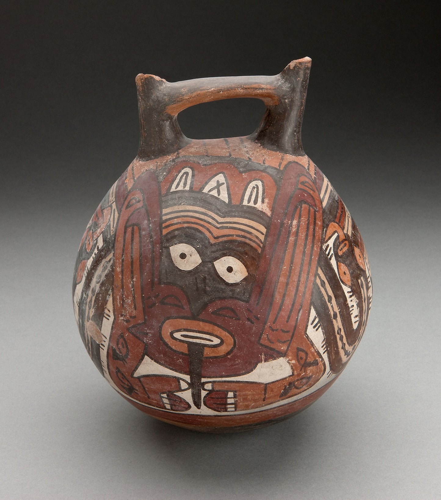 Double Spout Vessel Depicting Costumed Figure with Tattoos and Serpent Attributes -  Nazca,  Poster Print Wall Art