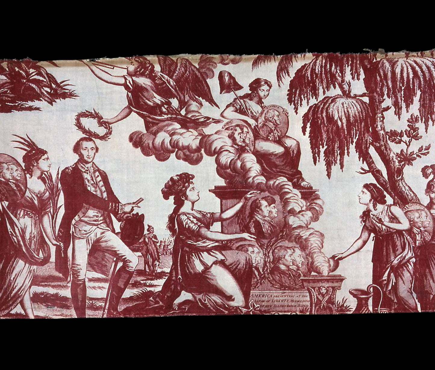 America Presenting at the Altar of Liberty Medallions of her Illustrious Sons (Furnishing Fabric) -  After etchings -  Pierre Eugène du Simitière (American, born Switzerland, c. 1736-1784) after John Trumbull (American, 1756- 1843),  Poster Print Wall Art