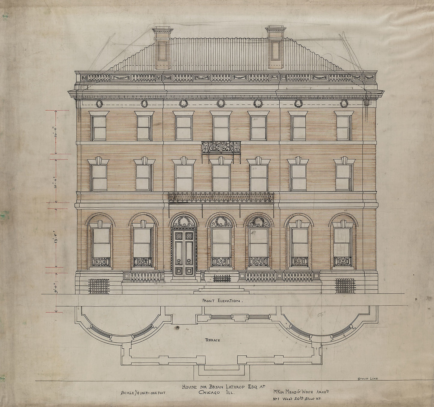 Bryan Lathrop House, Chicago, Illinois, Front Elevation and Terrace Plan -  McKim, Mead and White,  Poster Print Wall Art
