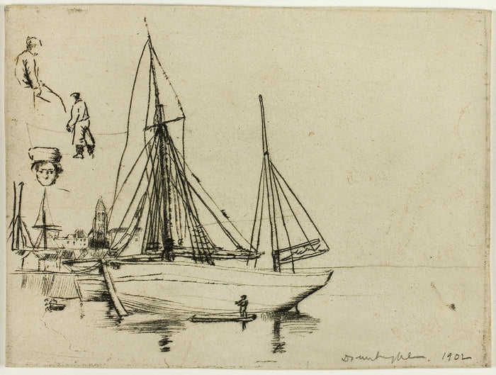 Sketch of Fishing Boats and Sailors: Donald Shaw MacLaughlan,16x12