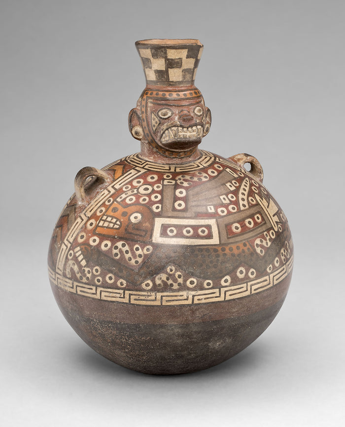 Bottle with a Masked Figure and Abstract Feline and Textile Motifs: Tiwanaku-Wari,16x12