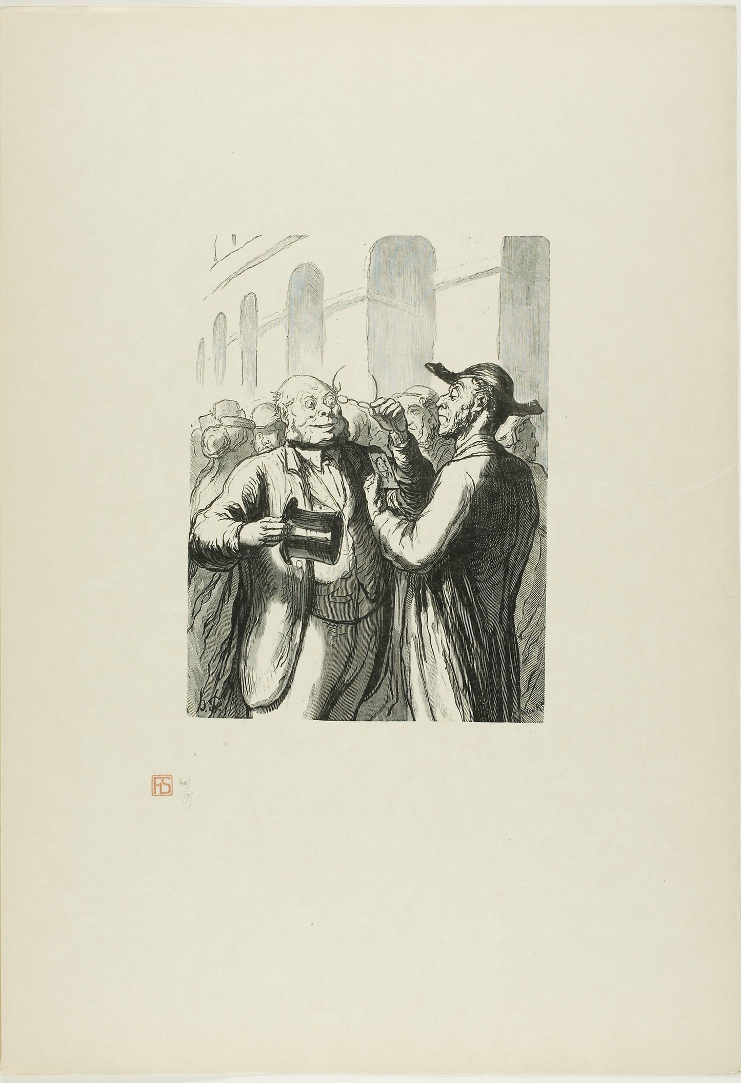 At the Universal Exhibition -  Security check at the entrance -  the bald need to lift their hats, and the the short-sighted need to remove their glasses -  Charles Maurand (French, 19th century),  Poster Print Wall Art