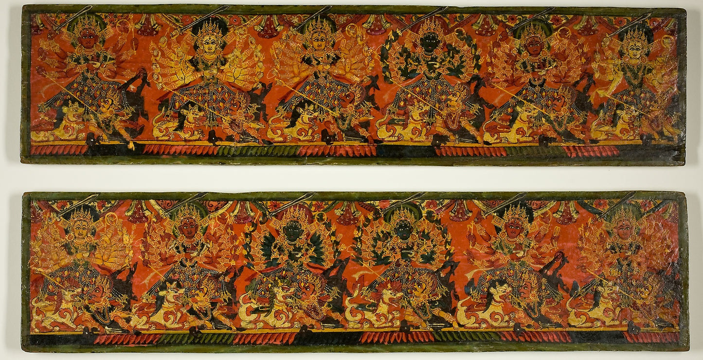 Pair of Manuscript Covers with Six Durgas on Snow Lions Slaying the Buffalo Demon (Mahishasuramardini) -  Nepal,  Poster Print Wall Art