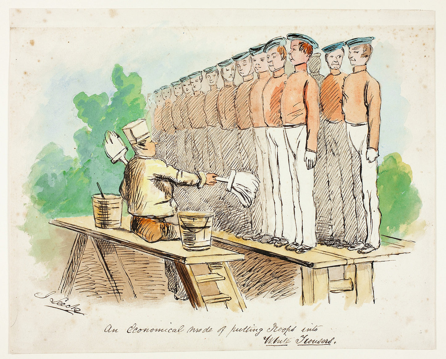 An Economical Mode of Putting Troops into White Trousers -  John Leech (or possibly after),  Poster Print Wall Art