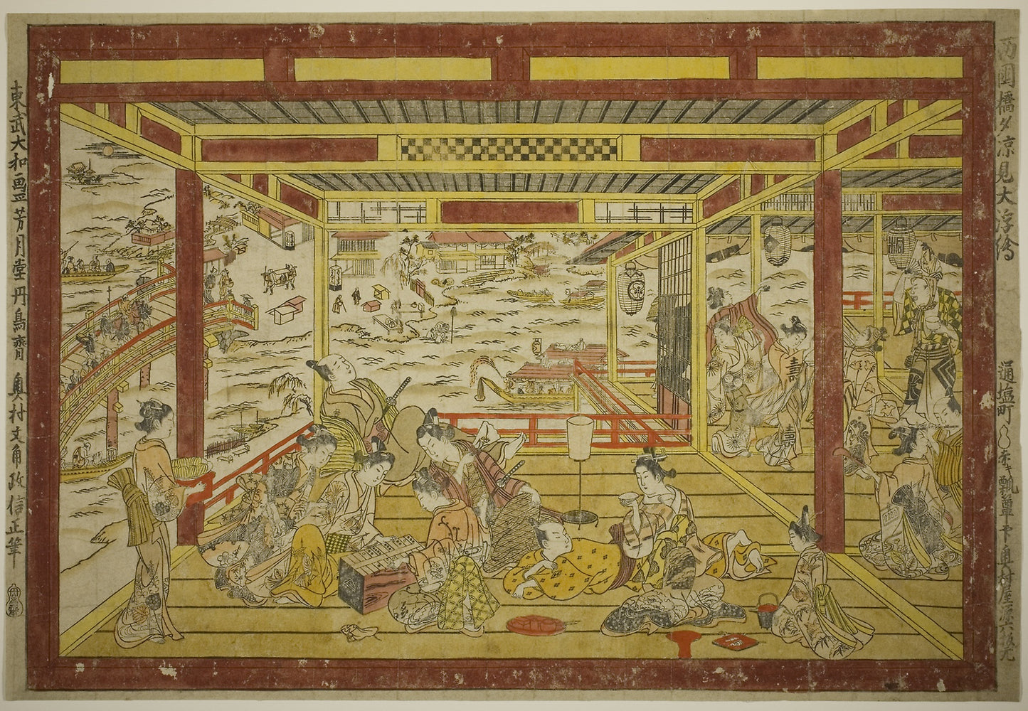 Enjoying the Evening Cool near Ryogoku Bridge (Ryogoku bashi yusuzumi uki-e) -  Okumura Masanobu,  Poster Print Wall Art