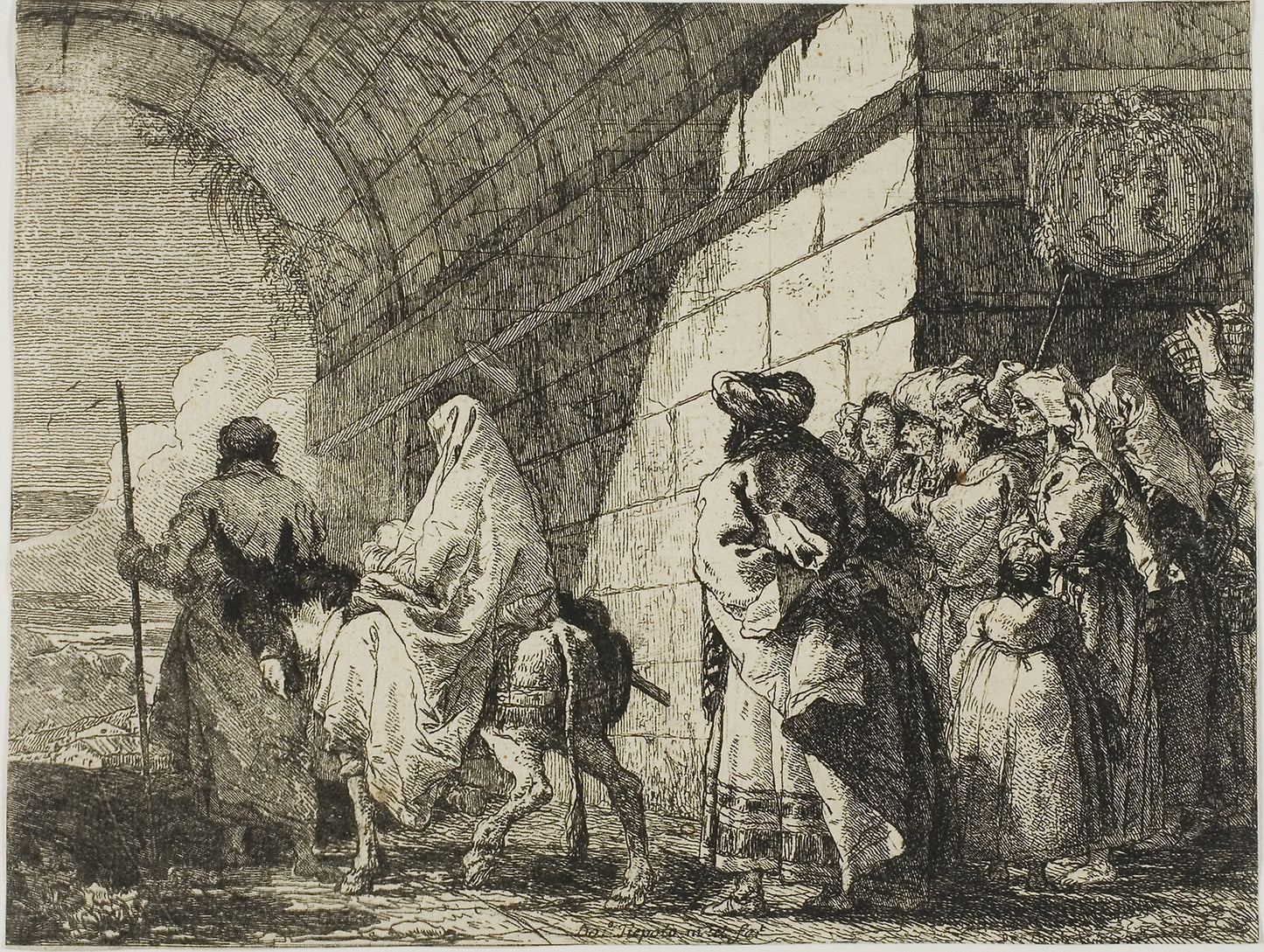 The Holy Family Leaving -  a City Gate, plate seven from The Flight into Egypt -  Giovanni Domenico Tiepolo,  Poster Print Wall Art